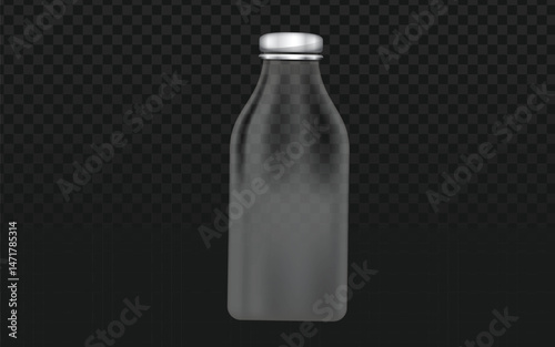 Realistic vector graphic of an empty clear glass bottle with silver cap. Isolated object perfect for packaging mockups, beverage themes, or clean design projects. Transparent background.