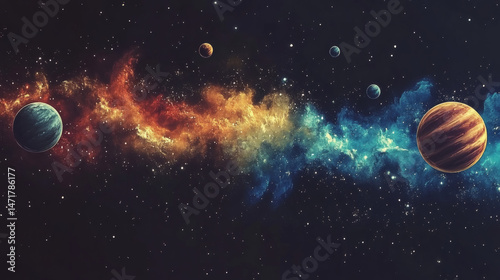 Colorful nebula and planets in deep space