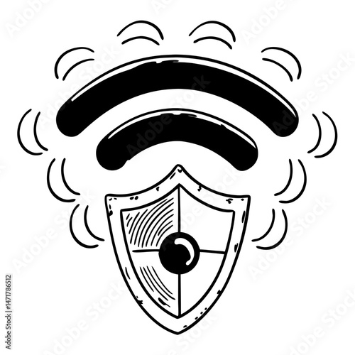 Shield surrounding wi-fi signal icon vector. Wireless network security logo