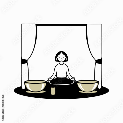 Vector design of a sound therapist with singing bowls in a calm interior with soft light