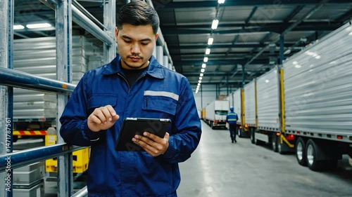 Asian Worker Using Tablet in Warehouse with Trucks
