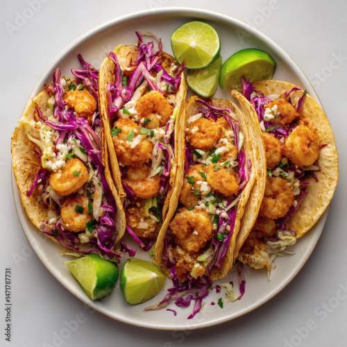 Delectable shrimp tacos, perfectly arranged on a white plate with fresh lime wedges.