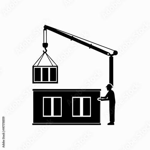 Vector of a modular home builder in safety gear installing a wall with a crane
