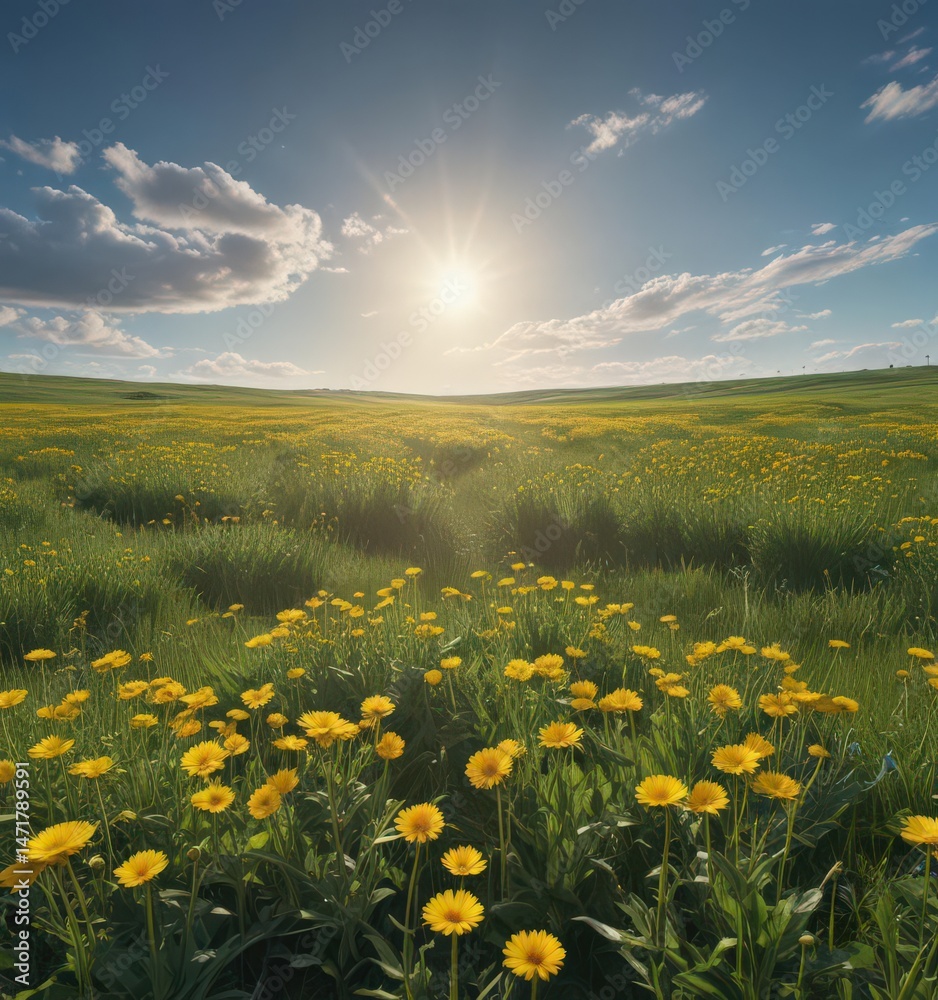 Obraz premium Golden dandelions blanket green field under vast blue sky , ecology, image