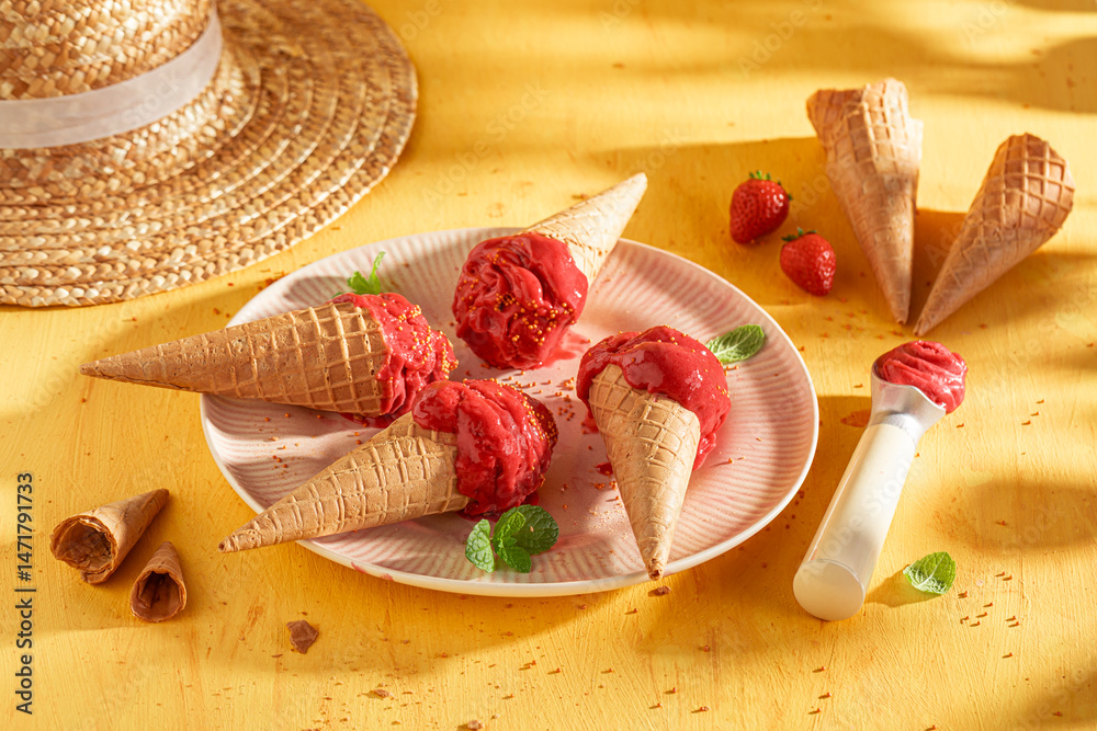 Homemade and delicious strawberry ice cream as a creamy dessert.