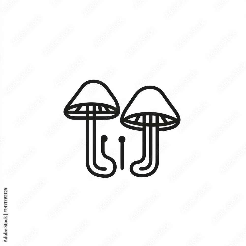 Two mushrooms, line art, white background, nature icon