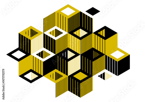 Isometric 3D cubes vector abstract geometric background, yellow abstraction art architecture city buildings theme, cubic shapes and forms composition lowpoly style.