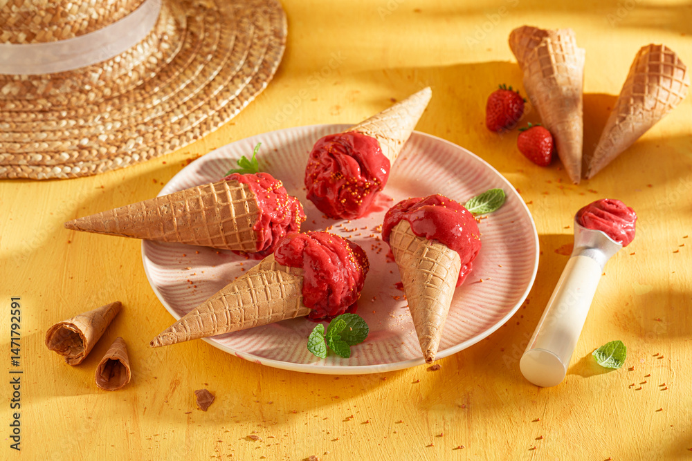 Homemade and delicious strawberry ice cream made of red berries.