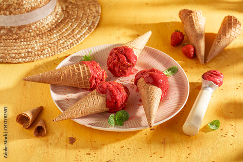 Obraz na płótnie Homemade and delicious strawberry ice cream made of red berries. w salonie