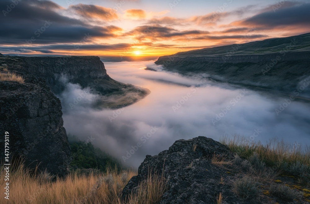 Fototapeta premium Fog rolling over riverbanks in early sunrise