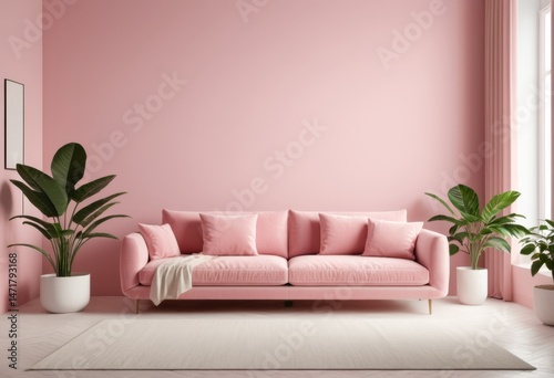 Bright pink living room with pink sofa and potted plants