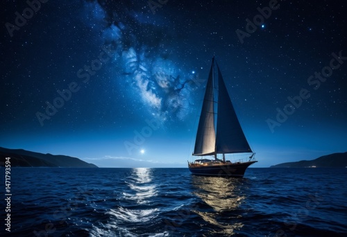Starry night sky with sailboat in the ocean