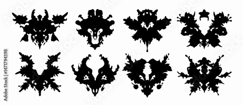 Rorschach Inkblot Test Images: 8 Symmetrical Black Inkblots