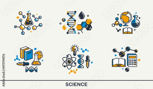 Science vector detailed icons set, school and university education bundle, scientific study and research, physics and chemistry.