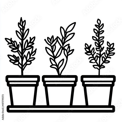 Three potted herbs on shelf, simple line art, kitchen decor