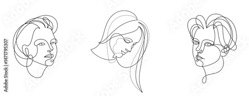Woman beauty face vector linear illustrations set, delicate line art of attractive girl portraits collection, abstract feminine drawings minimal style isolated.