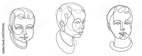 Portrait of a young child boy linear vector monochrome illustrations set isolated, toddler kid artistic line art drawings collection.