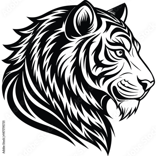 Tiger Head Profile: A majestic depiction of a tiger's head, rendered in stark black and white, highlighting its striking profile, piercing gaze, and intricate fur pattern.