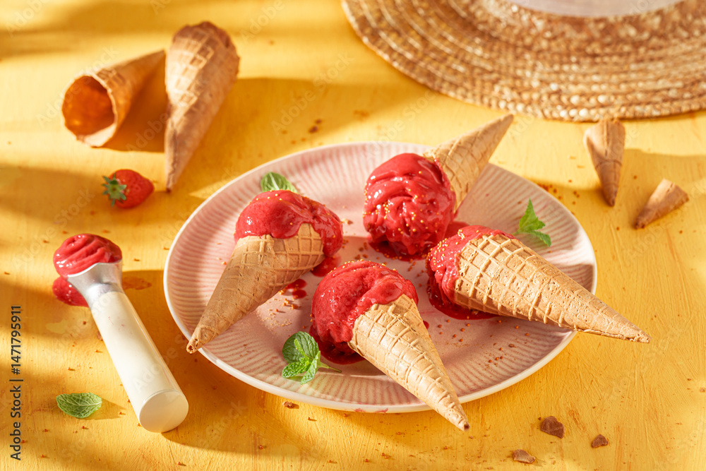 Sweet and cold strawberry ice cream as a summer dessert.
