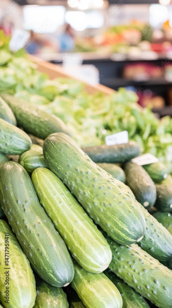Fresh Cucumbers in a Produce Section