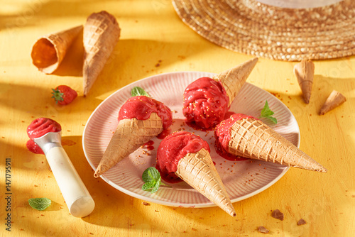 Obraz na płótnie Sweet and cold strawberry ice cream as a summer dessert. w salonie