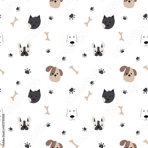 Seamless pattern with cute muzzles of dogs and cats of different breeds, seamless graphic vector illustration. Bones, watch your paws. Great for fabric, textile vector illustration