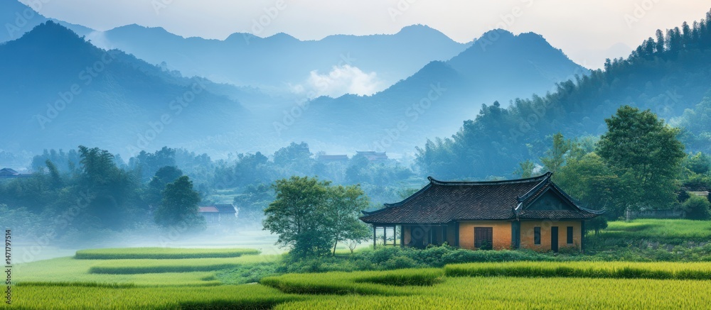 Naklejka premium House on Farmland in Mountainous Landscape with Trees