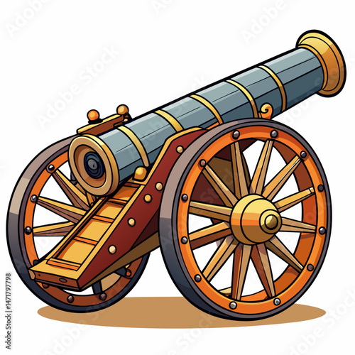 A historical artillery cannon with large barrel and wheels, vector on a white background