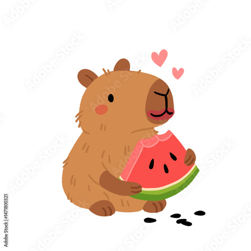 Cute Cartoon Capybara eating slice of watermelon on a white background. Flat vector illustration of capybara holding watermelon, Summer print for kids.