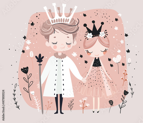 Cute couple prince and princess holding hands, boy and girl in love, wedding card, Valentine s Day, fairy tale characters. Flat cartoon illustration.