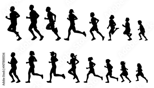 People running from child to adult, to senior, running people silhouette, runners and joggers