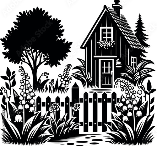Charming cottage garden filled with Lily of the Valley blooming beside a rustic wooden fence
