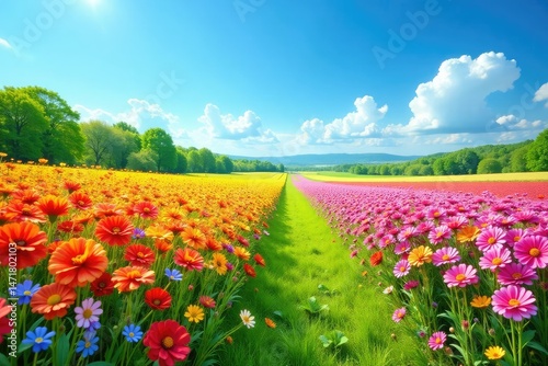 Vibrant summer colors in nature, showcasing a colorful flower field and clear blue sky , plants, purple