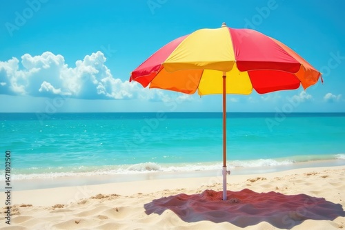 Vibrant beach umbrella providing shade on sunny sand , hot, waves
