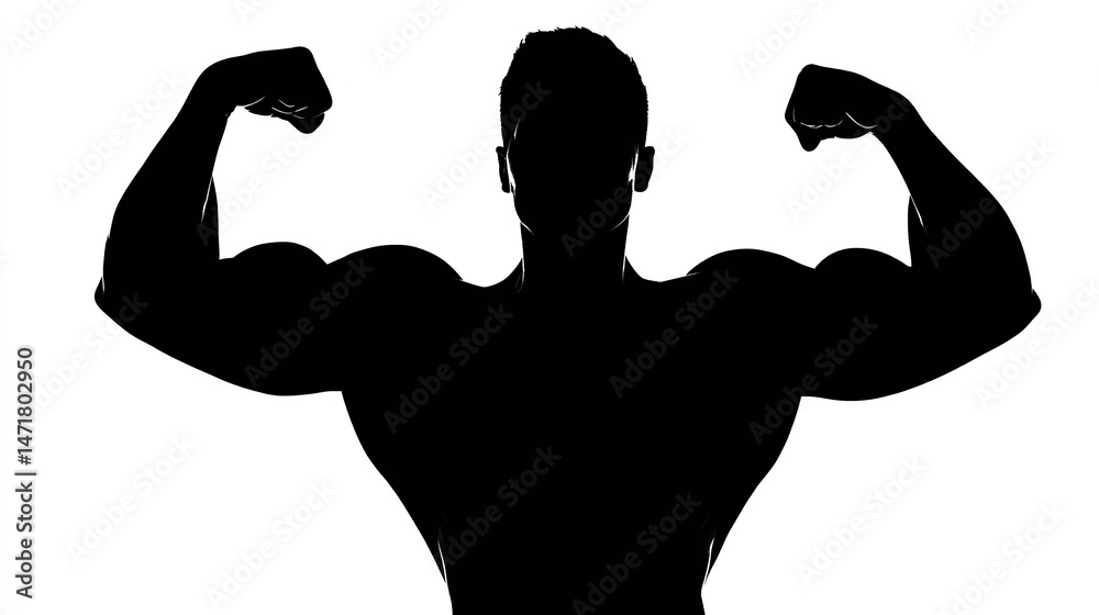 Fototapeta premium Silhouette of a bodybuilder flexing their biceps, a simple vector logo on a white background, in black and white