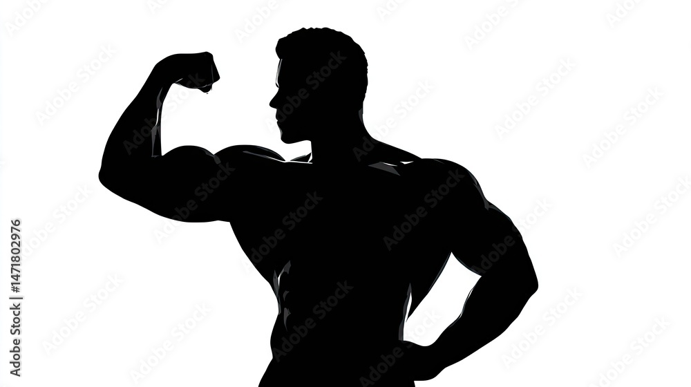 Naklejka premium Silhouette of a bodybuilder flexing their biceps, a simple vector logo on a white background, in black and white