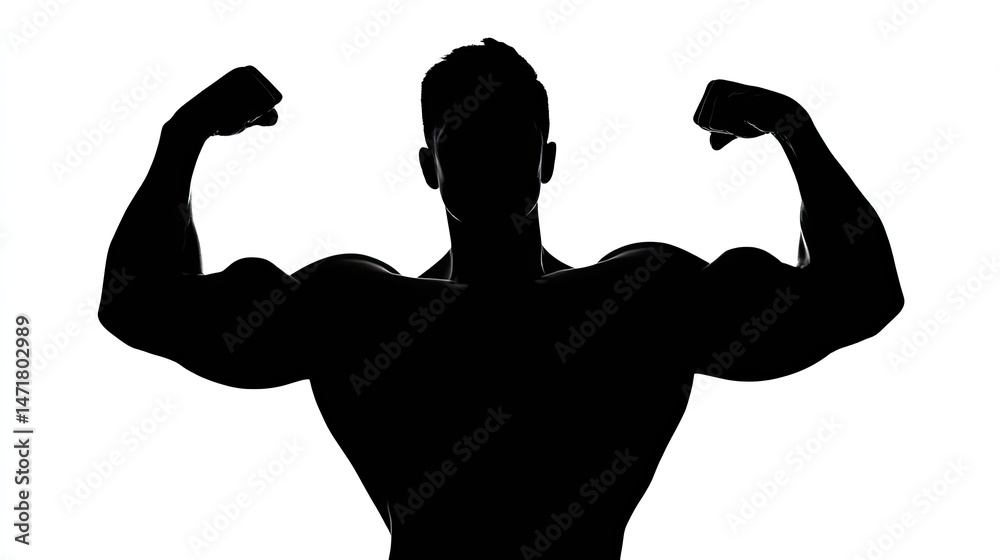 Fototapeta premium Silhouette of a bodybuilder flexing their biceps, a simple vector logo on a white background, in black and white