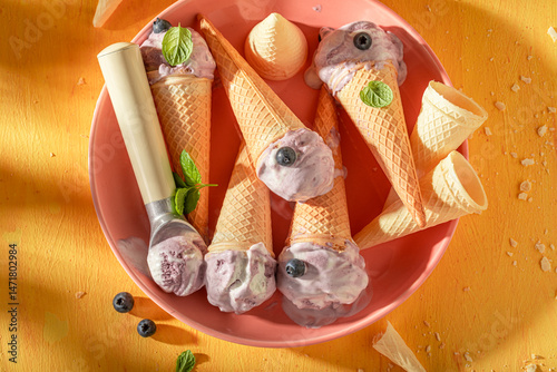Obraz na płótnie Tasty and fresh blueberry ice cream in a waffle cone. w salonie