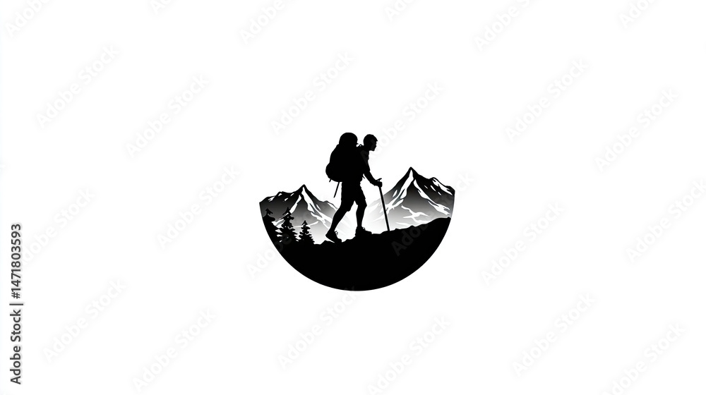 Logo, vector design silhouette of a person hiking with a backpack and mountains in the background, simple, white background, solid black lines Logo, vector design silhouette of a person hiking with a backpack and mountains in the background, simple, white background, solid black lines