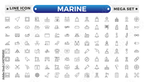 Marine outline icon set .line icons related to marine, port, ship, boat, harbor, crane, pier, wharf, logistic, captain, and shipyard. Editable stroke outline icon.
