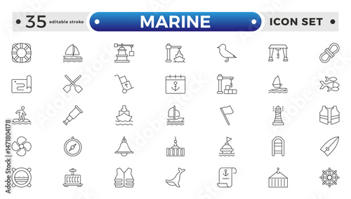 Marine outline icon set .line icons related to marine, port, ship, boat, harbor, crane, pier, wharf, logistic, captain, and shipyard. Editable stroke outline icon.
