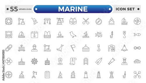 Marine outline icon set .line icons related to marine, port, ship, boat, harbor, crane, pier, wharf, logistic, captain, and shipyard. Editable stroke outline icon.
