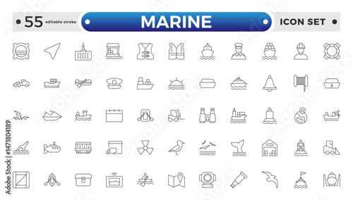 Marine outline icon set .line icons related to marine, port, ship, boat, harbor, crane, pier, wharf, logistic, captain, and shipyard. Editable stroke outline icon.
