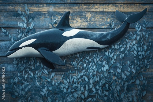 Orca whale gracefully resting on a rustic blue wooden background adorned with stylized foliage. photo