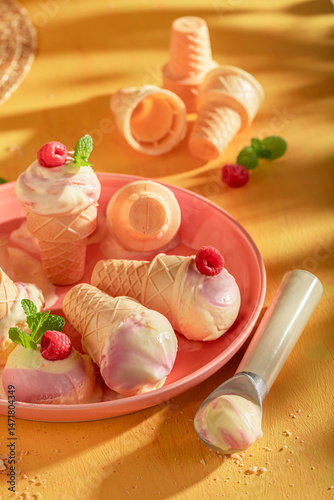 Obraz na płótnie Fresh and homemade raspberry ice cream as a summer dessert. w salonie