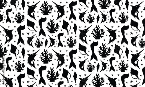 Sea Abstract Underwater Plants Shapes Silhouette Pattern, Coral Reef Plants, Different Types Of Marine Flora Decorative Elements, Abstract Sea Shells, Starfish.