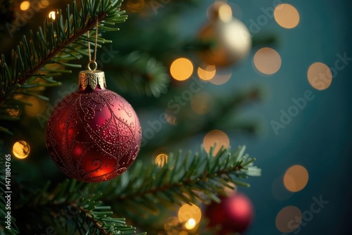 Ornament hanging on a decorated Christmas tree, festive lights glowing , garland, shiny