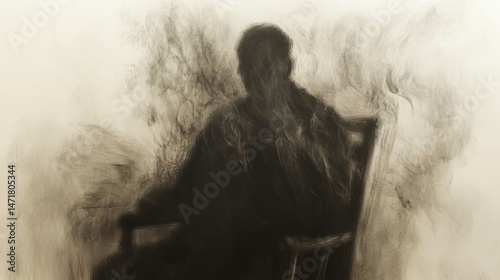 A man is sitting in a chair. He is wearing a black shirt and jeans. The chair is wooden and has a back. Loneliness and depression.