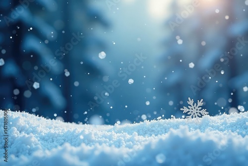 Intricate snowflakes falling on a snowy winter landscape , cold weather, sparkle