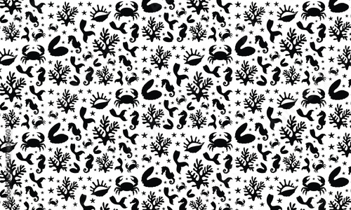 Sea Abstract Underwater Plants Shapes Silhouette Pattern, Coral Reef Plants, Different Types Of Marine Flora Decorative Elements, Abstract Sea Shells, Starfish.